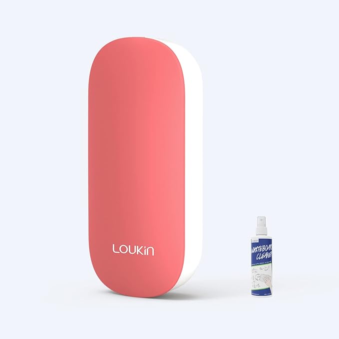 loukin Replaceable Dry Erase Eraser, Magnetic Whiteboard Eraser with 3 Replaceable Felt Pads, 4-in-1 Glass Whiteboard Erasers, 3.4 fl oz Cleaner Included (Red)