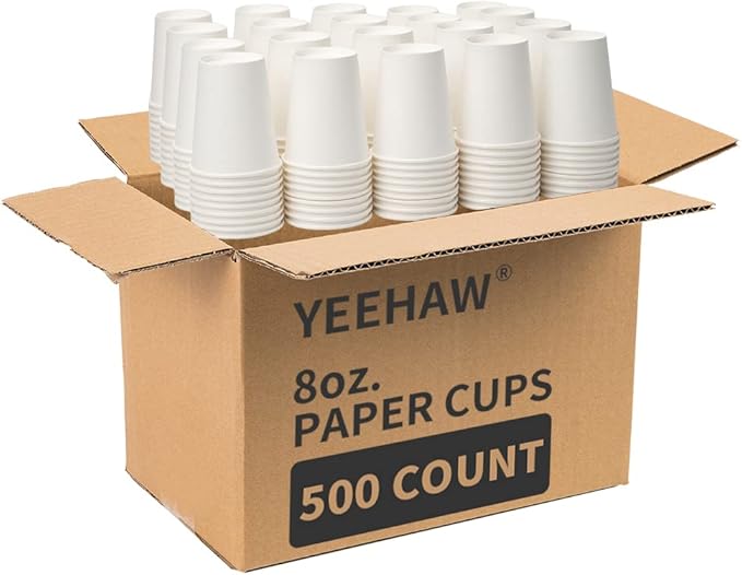 YEEHAW 8 oz 500 Pack Paper Cups, Disposable Coffee Cups, White Hot Cups, Suitable for Office, Home and Party Events