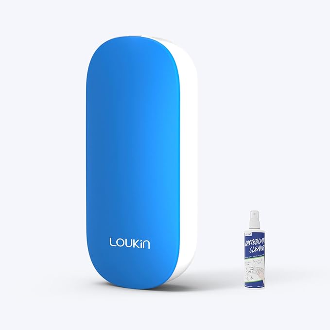 loukin Replaceable Dry Erase Eraser, Magnetic Whiteboard Eraser with 3 Replaceable Felt Pads, 4-in-1 Glass Whiteboard Erasers, 3.4 fl oz Cleaner Included (Blue)