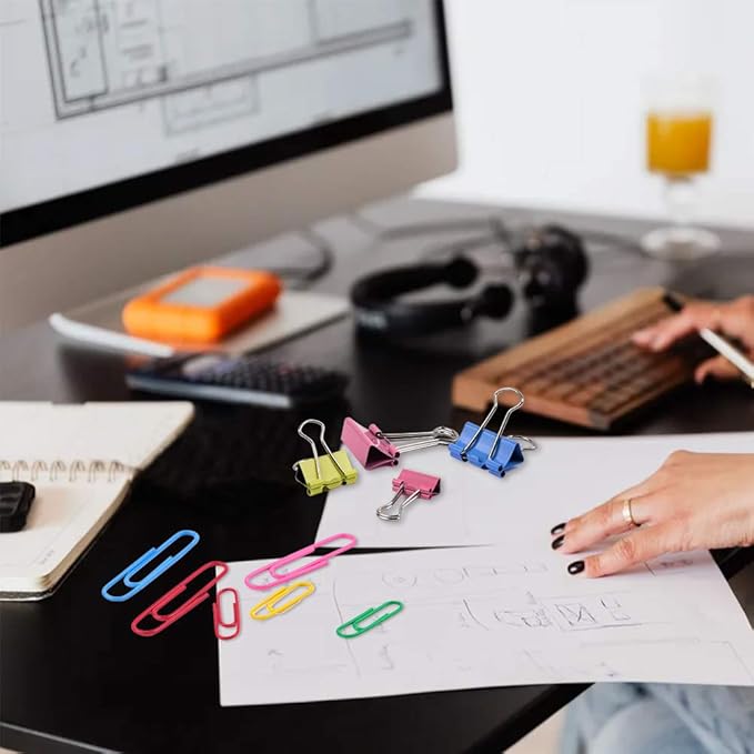 Paper Clips, Sopito 300pcs Paperclips Binder Clips Assorted Sizes (S/M/L) and Rubber Bands, Colored Office Supplies Set College School Supplies