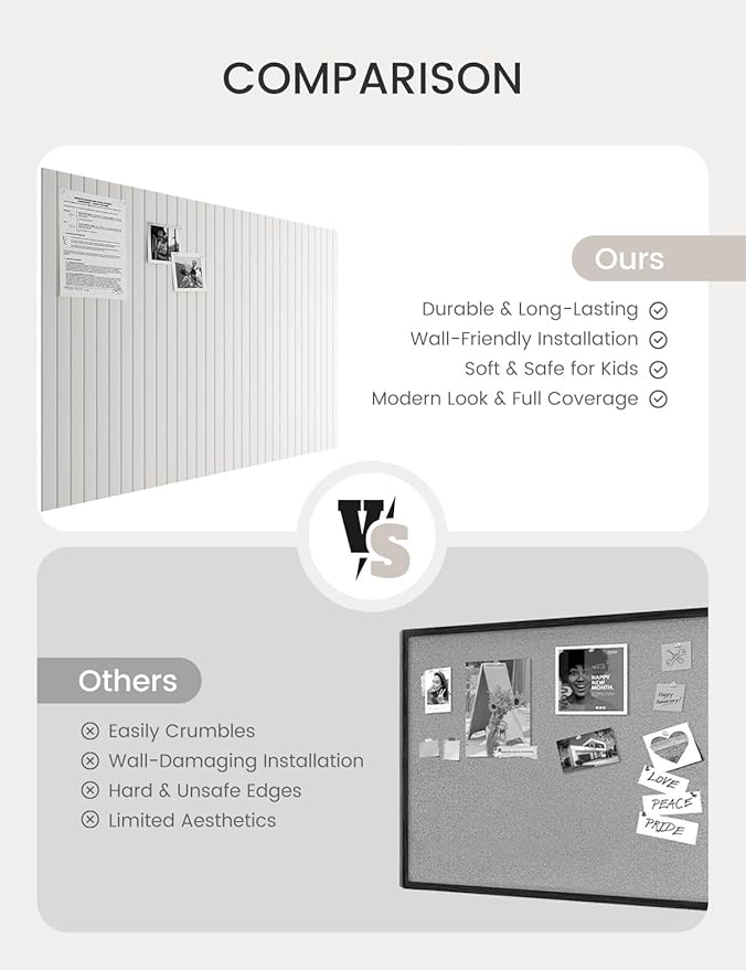 Bumusty Large Cork Board Alternative-47 x35 Felt Bulletin Board Tiles, with 30 Pushpins, 70 Adhesive Tabs, 12-Pack Slat Wall Paneling, Cork Boards for Office Push Pin Board Felt Board-Milky White