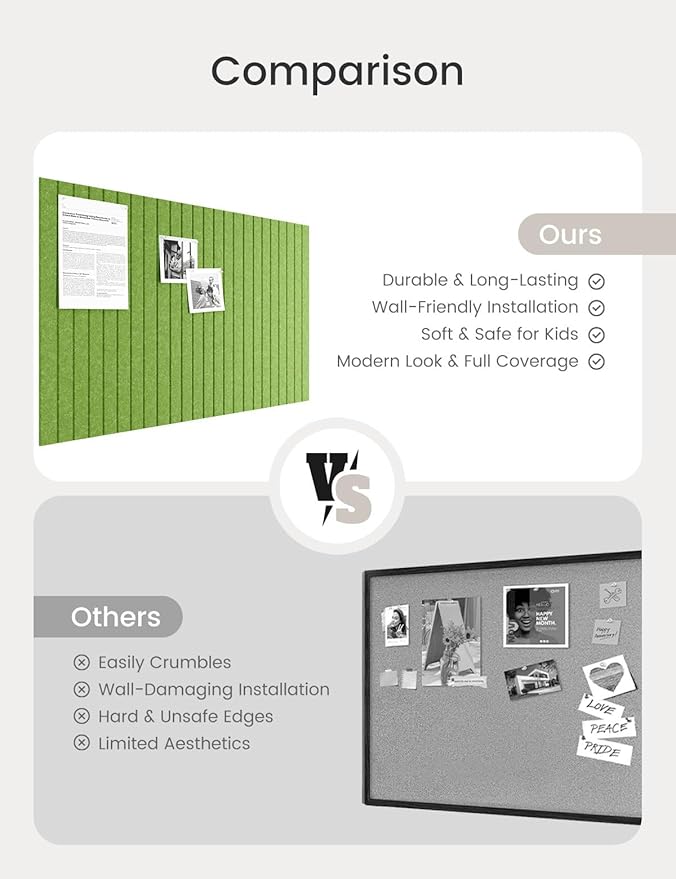 Bumusty Large Cork Board Alternative-36 x24 Felt Bulletin Board Tiles, with 30 Pushpins, 40 Adhesive Tabs, 6-Pack Slat Wall Paneling, Cork Boards for Office Push Pin Board Felt Board-Grass Green