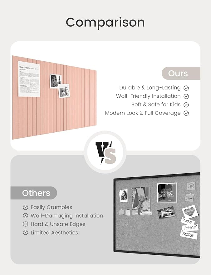 Bumusty Large Cork Board Alternative-36 x24 Felt Bulletin Board Tiles, with 30 Pushpins, 40 Adhesive Tabs, 6-Pack Slat Wall Paneling, Cork Boards for Office Push Pin Board Felt Board-Pink