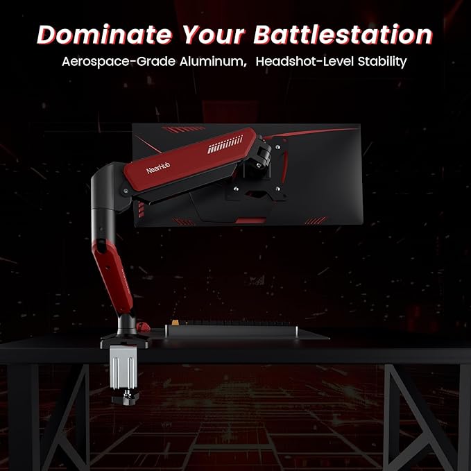 NearHub Gaming Monitor Mount for Computer Screen 13-32" and up to 22 lbs,360° Rotation,+90° to -45° Tilt,180° Swivel,with C Clamp and Grommet Base,Integrated Cable Management,75x75/100x100 VESA,RED