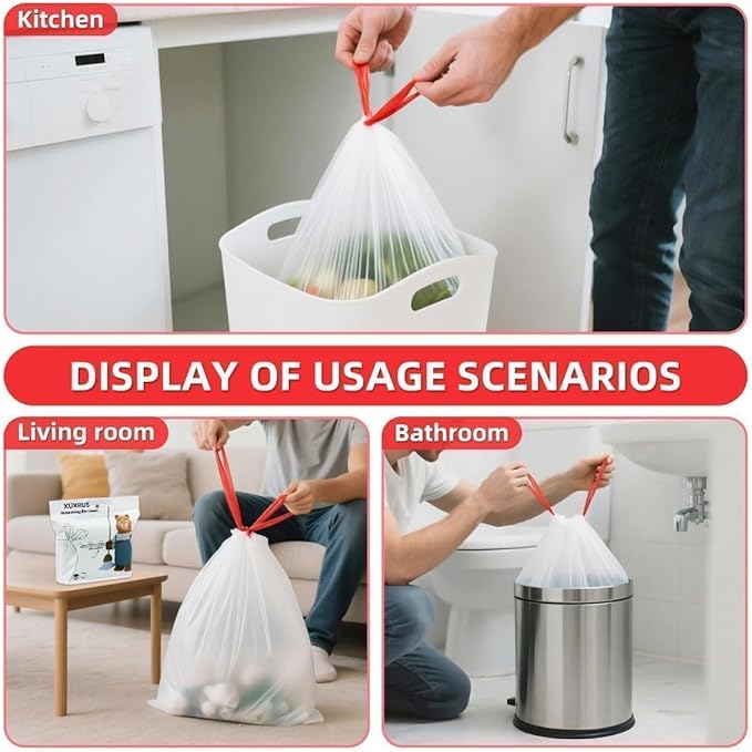 2.6-3 Gallon Trash bag Small White Drawstring Trash Bags, Tear-Free Heavy Duty Garbage Bags, Leak-Proof & Odor Blocking Small Garbage Liners for Kitchen, Bathroom, Multi-Purpose Use 60 Count by XUXRUS