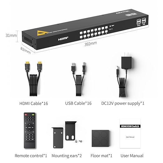 16 Port HDMI KVM Switch 4K@60Hz, 1U Rack Mount, USB Keyboard Mouse Sharing for 16 PCs, Independent 3.5mm Audio Output, Includes 16 HDMI Cables, IR Remote, 4 USB 2.0 Hubs
