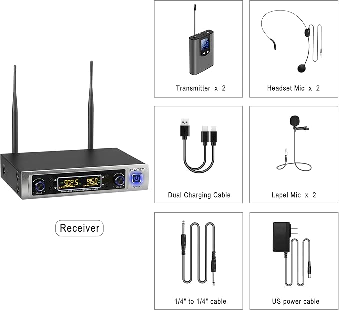 HOTEC UHF Wireless Microphone System with Dual Lapel/Lavalier and Headset Microphones Over PA, Mixer, Speaker, Karaoke Machine for Church, Training, Classroom, Interview (H-K25)