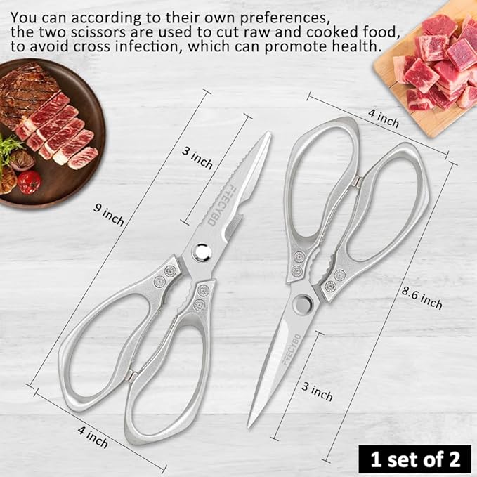 All Purpose Heavy Duty Shears, 2-Pack Kitchen Scissors for Food, Metal Handle Stainless Steel Cooking Scissors for Kitchen, Chicken, Fish, Meat, Poultry, Herbs (Silver)