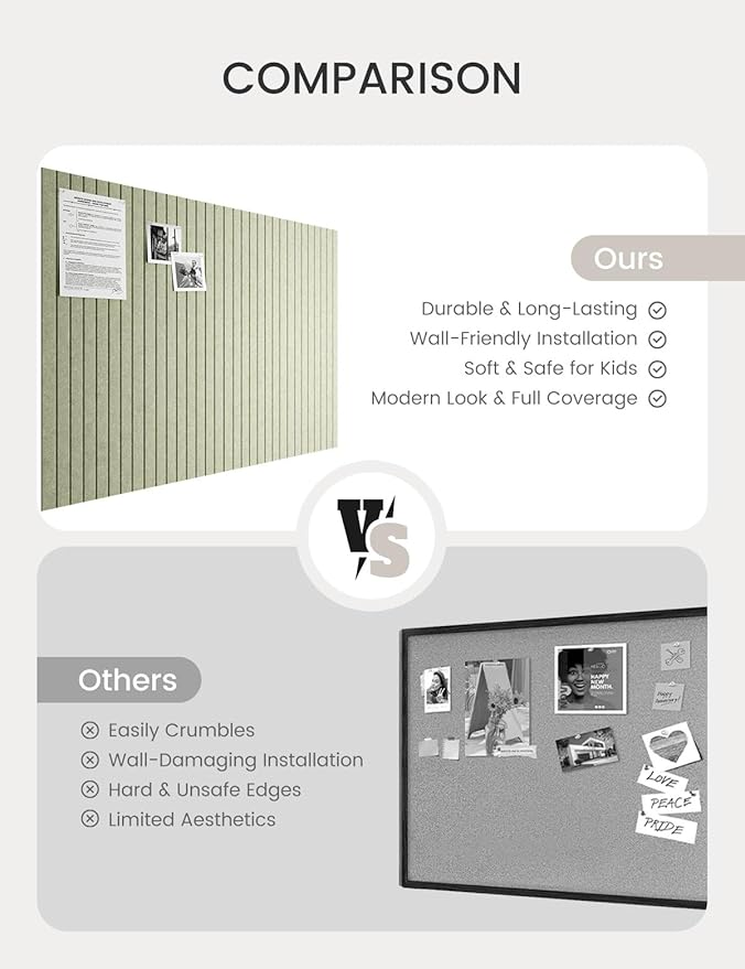 Bumusty Large Cork Board Alternative-47 x35 Felt Bulletin Board Tiles, with 30 Pushpins, 70 Adhesive Tabs, 12-Pack Slat Wall Paneling, Cork Boards for Office Push Pin Board Felt Board-Sage