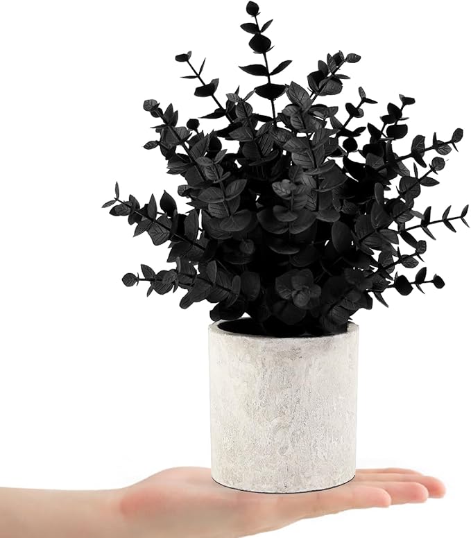 2 Pack Black Fake Eucalyptus Small Fake Plants Potted Artificial Plants for Halloween Decorations Shelf Desk Home Farmhouse Room Coffee Table Bathroom Decor(Black)