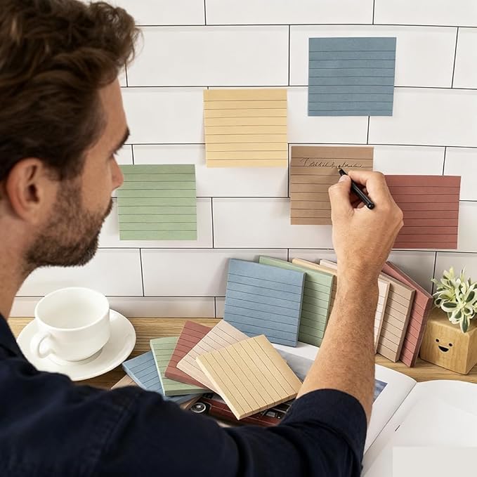 (12 Pads) Lined Sticky Notes 3x3 in Ruled Stickies Super Sticking Power Memo Pads Vintage Colors
