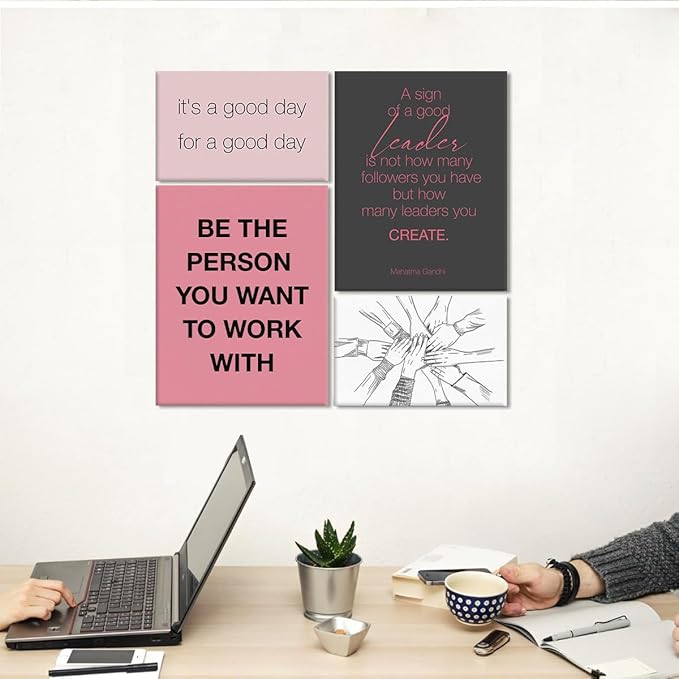 YEOION Inspirational Office Wall Art for Women,Motivational Teamwork Wall Decor for Office,Pink and Black Postive Quote Workplace Canvas Wall Art for Set of 6