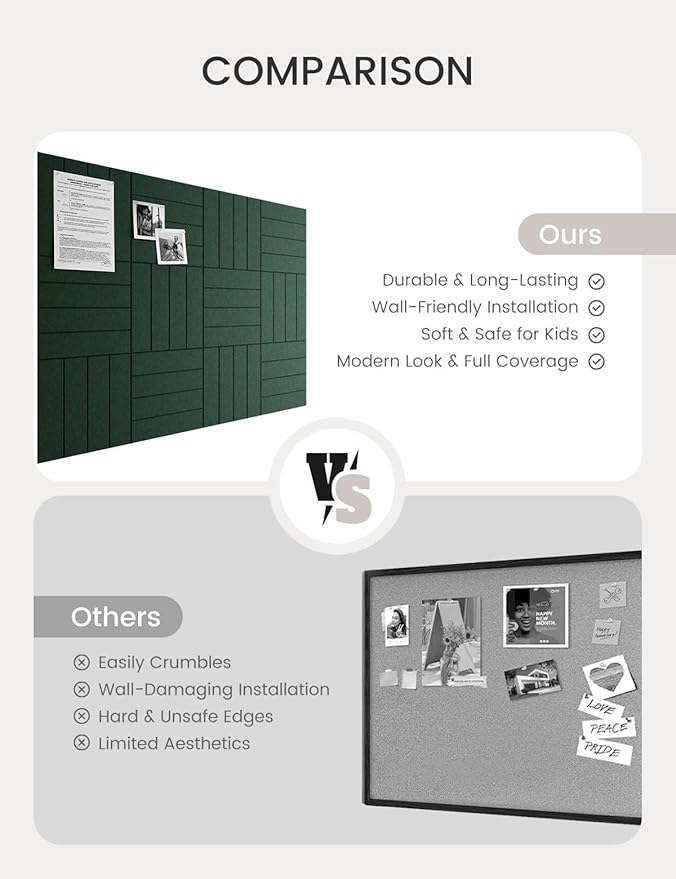 Bumusty Large Cork Board Alternative-47 x35 Felt Bulletin Board Tiles, with 30 Pushpins, 70 Adhesive Tabs, 12-Pack Slat Wall Paneling, Cork Boards for Office Push Pin Board Felt Board-Aurora Green