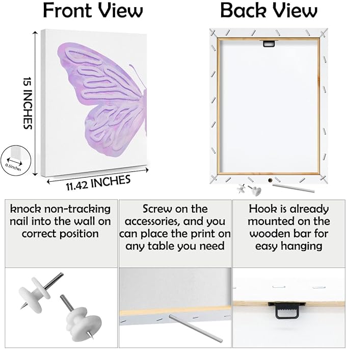 2PCs Purple Butterfly Decorations Aesthetic Canvas Wall Art Classroom Decor Preppy Framed Art Paintings Wall Decor Preppy Stuff Artwork College Apartment Room Home Decor Decorations Posters Prints