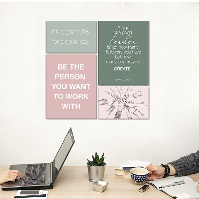 YEOION Inspirational Office Wall Art for Women,Motivational Teamwork Wall Decor for Office,Light Pink and Green Postive Quote Workplace Canvas Wall Art for Set of 6