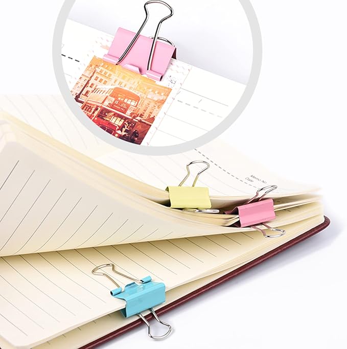 OWLKELA 100 Pcs Colored Binder Clips, Paper Clamps, Paper Binder Clip, Assorted Sizes, Metal Colorful Binder Clips, Ideal for Office, Home and School Supplies