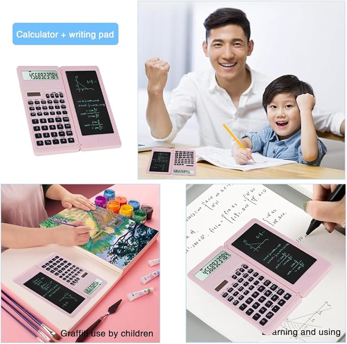 Scientific Calculators for Middle School & High School, Solar and Battery Power with Notepad for School,10 Digits Digital with Erasable Writing Board Math Calculator (Pink)