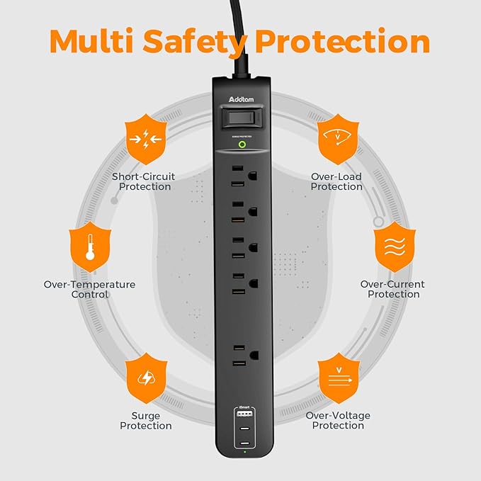 10Ft Surge Protector Power Strip- Addtam Extension Cord with 5 AC Outlets 3 USB Ports(2 USB C), 1875W/15A, Flat Plug, Outlet Extender for Home Office Supplies College Dorm Room Essentials,ETL Listed