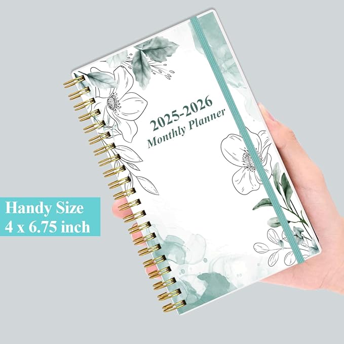 2025-2026 Monthly Planner - October 2025 - December 2026, Two Pages Per Month, 18 Monthly Calendar/Planner with Tabs, Strong Twin-Wire Binding, Inner Pocket, 3.75" x 6.5", Teal Flower
