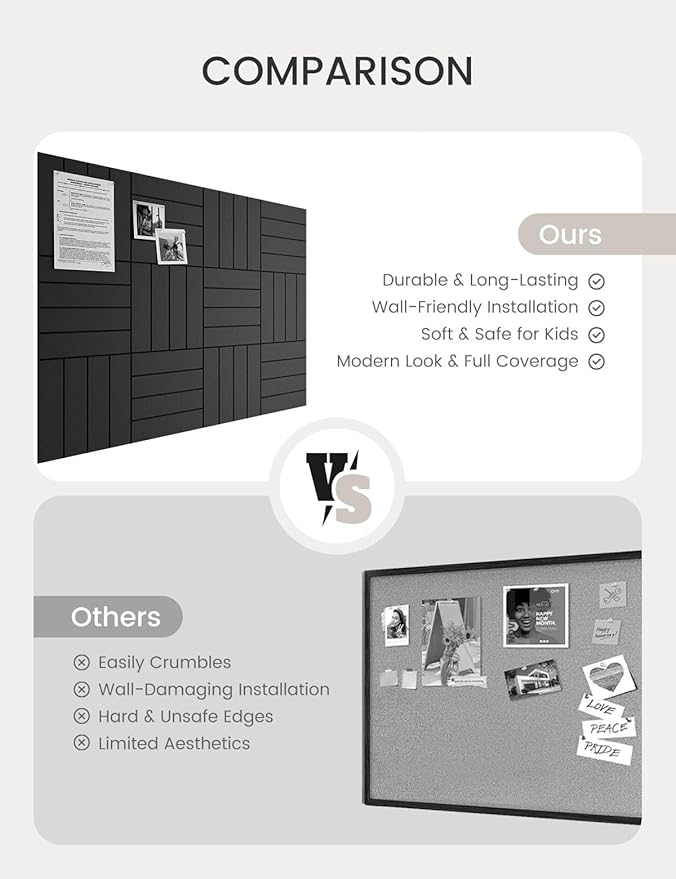 Bumusty Large Cork Board Alternative-47 x35 Felt Bulletin Board Tiles, with 30 Pushpins, 70 Adhesive Tabs, 12-Pack Slat Wall Paneling, Cork Boards for Office Push Pin Board Felt Board-Black