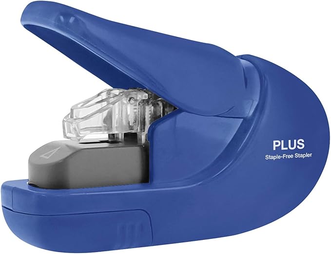 PLUS Paper Clinch Compact Staple-Free Stapler – Fastens up to 5 Sheets, No Staples Needed, Eco-Friendly, Safe for Kids, Blue