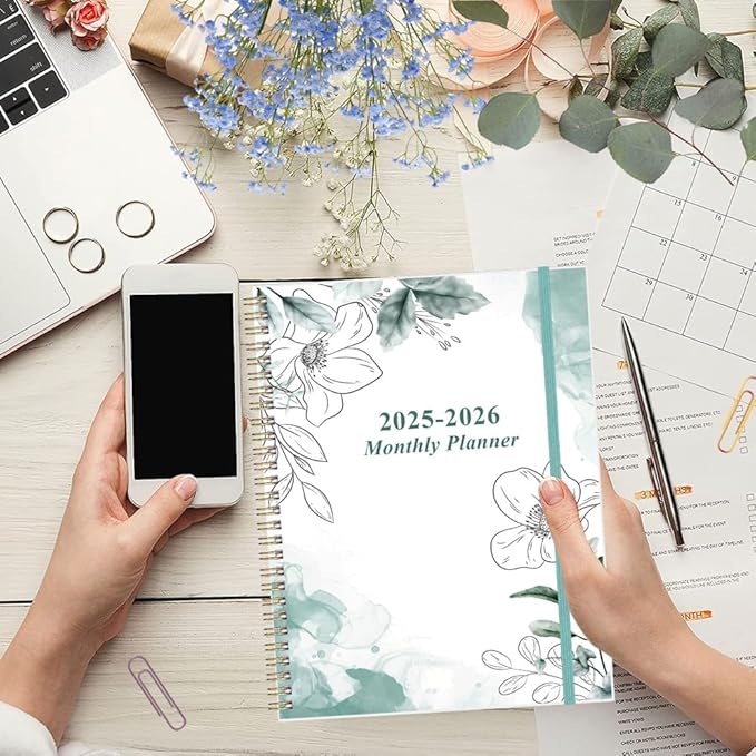 2025-2026 Monthly Planner - 18 Monthly Calendar, October 2025 - December 2026, Two Pages Per Month, 9" x11" Planner with Tabs, Strong Twin-Wire Binding, Inner Pocket, Teal Floral