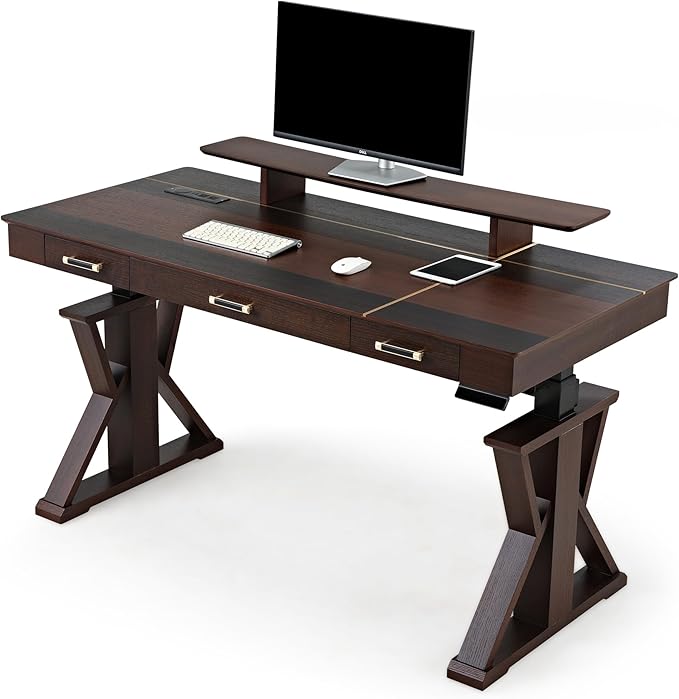 EUREKA ERGONOMIC Ark SWS Standing Desk, 63 inch Executive Desk w Drawers,Modern X-Shaped Leg Luxury Home Office Computer Desk w Monitor Stand,Colorblock Smoked Oak