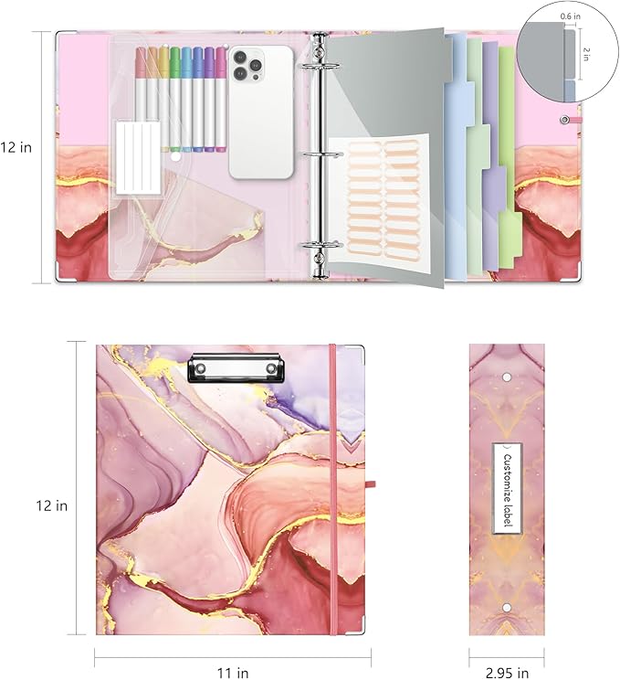 3 Ring Binder 2 Inch, Three Ring Binders Organizer with Clipboard, 5-Tabs Pockets Dividers, Plastic Folder, 18 Divider Stikers, BVSSX Pink Decorative Binder with Pen Loop (Pink Marble, Letter Size)