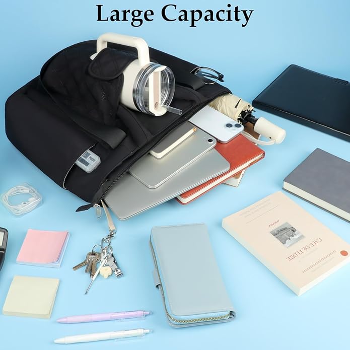 Work Tote Bag for Women with Large Front Cup Holder& 15.6 Inch Laptop Compartment, Lightweight Puffer Laptop Tote Bag with Long& Short Handle for Teacher Nurse Office Supplies Organizer (Black)