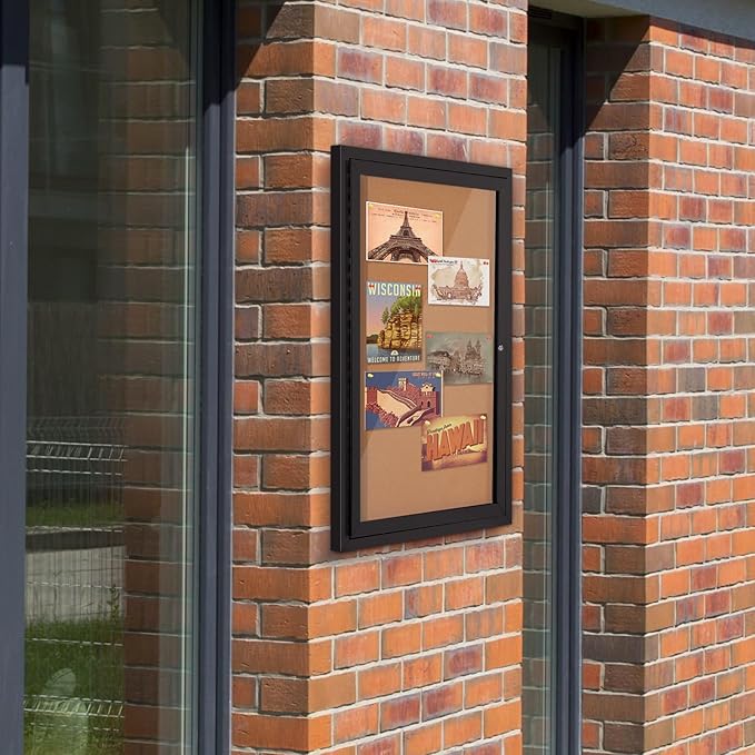 SWANCROWN Outdoor Bulletin Board 36x24in, Enclosed Bulletin Board with Locking Door Wall Display Case for Office School Commerce, Cork, Black Aluminum Frame