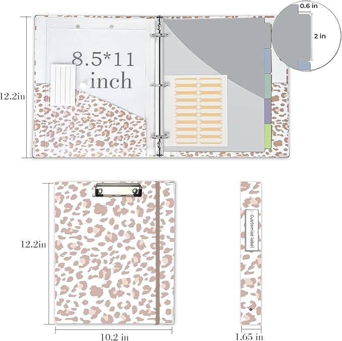 3 Ring Binder 1 Inch for 8.5"x11" Paper, Three Ring Binders with Clipboard, 5 Dividers with Tabs and Pockets, Transparent Folder, 18 Divider Stikers, BVSSX Decorative Binder with Pen Holder,Leopard