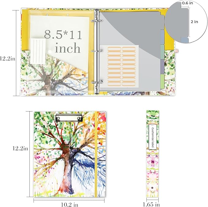 1 Inch 3 Ring Binder Organizer, Three Ring Binder with Clipboard, 5-Tabs Pockets Dividers, Transparent Folder,18 Divider Stikers, BVSSX Decorative Binders for Letter Size 8.5"x11" Paper (Seasons Tree)