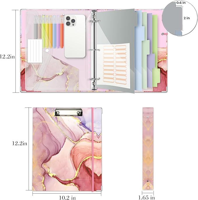 3 Ring Binder 1 Inch, Three Ring Binders Organizer with Clipboard, 5-Tabs Pockets Dividers, Plastic Folder, 18 Divider Stikers, BVSSX Pink Decorative Binder with Pen Loop (Pink Marble, Letter Size)