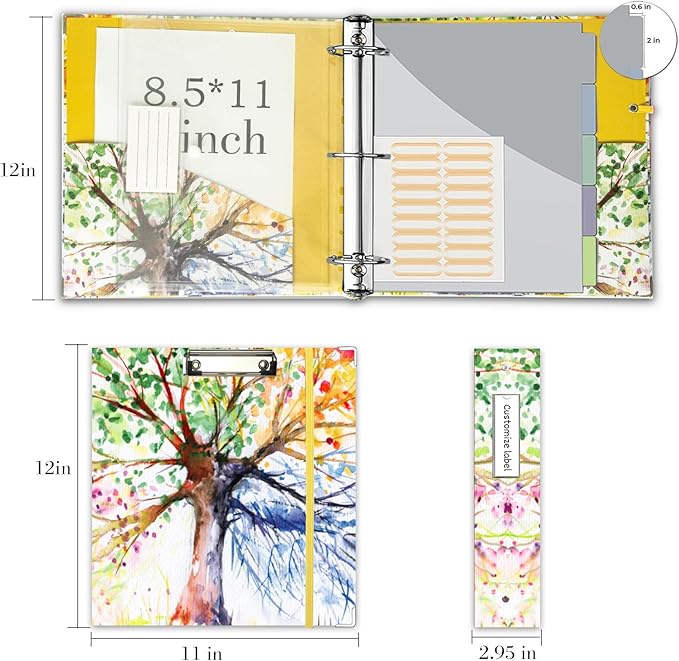 2 Inch 3 Ring Binder Organizer, Three Ring Binder with Clipboard, 5-Tabs Pockets Dividers, Transparent Folder,18 Divider Stikers, BVSSX Decorative Binders for Letter Size 8.5"x11" Paper (Seasons Tree)