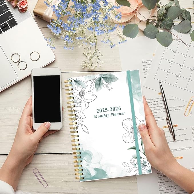 2025-2026 Monthly Planner - October 2025 - December 2026, Two Pages Per Month, 18 Monthly Calendar/Planner with Tabs, Strong Twin-Wire Binding, Inner Pocket, 6.4" x 8.5", Teal Flowers