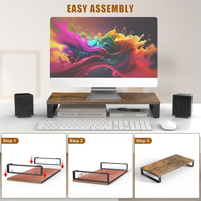 XINYAO Monitor Stand for Desk, Wood & Steel Computer Stand Riser with Storage Organizer for Office Laptop, PC, Printer 24x12 inch