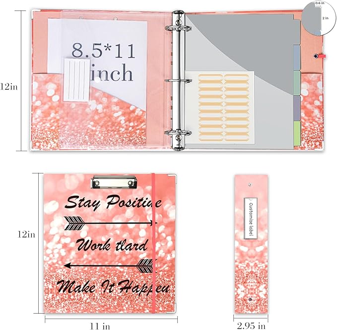 3 Ring Binder 2 Inch, Three Ring Binders Organizer with Clipboard, 5-Tabs Pockets Dividers, Plastic Folder, 18 Divider Stikers, BVSSX Pink Decorative Binder with Pen Loop (Stay Positive, Letter Size)