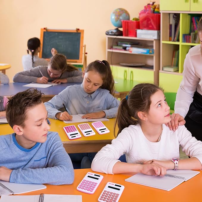 Hoteam 16 Pcs Christmas Pocket Calculator Gift for Students Bulk Mini Handheld Calculator Basic Standard Calculators with Button Battery 8 Digit Display for School Office Home(Pink Color)