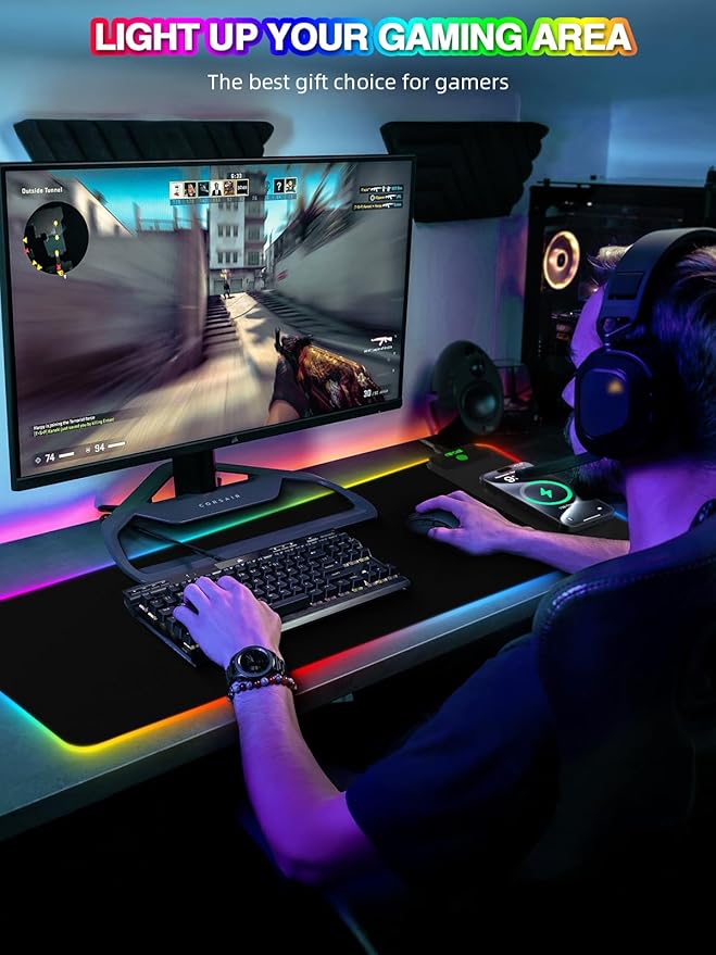 Wireless Charging Mouse Pad, 31.5"x11.81" XL Gaming Mousepad with 11 RGB Colors & 5 Lighting Modes, Home Office Large Desk Pad, Ultra-Smooth Surface, Non-Slip, Waterproof Keyboard Pad Black Desk Mat