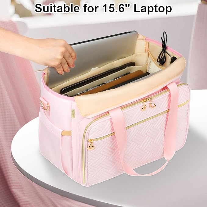 Teacher Tote Bag with Accordion File Organizer Pocket, Soft Nylon Utility Bag with 15.6 inch Laptop Compartment & USB Port, Large Work Tote Bag for Office Supplies Women (Pink)