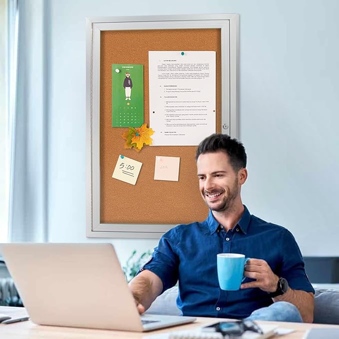 Outdoor Enclosed Bulletin Board Weatherproof 36"x24", Lockable Cork Noticeboard with Tempered Glass Locking Door, Secure Display for Notices, Posters & Memos