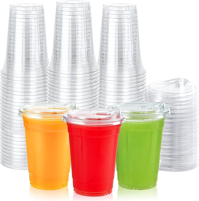 Lilymicky 16oz Clear Plastic Drinking Cups (90 Pack) with Strawless Sip Lids, Disposable Cups for Iced Coffee, Smoothie, Slurpee, or Any Cold Drinks