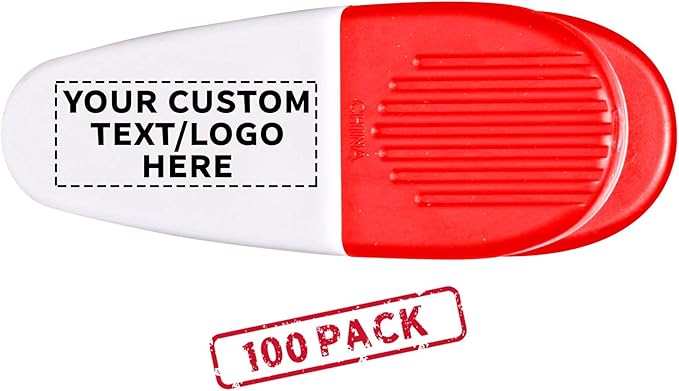 100 Magnetic Memo Holders Set - Customizable Text, Logo - Large Clip, Plastic - White Red