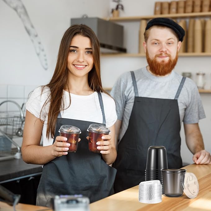 50 Sets Clear Plastic Coffee Cups with Sip Lids, Disposable Plastic PET Crystal Cups for Iced Coffee, Smoothie, Cold Beverage, Drink Shops and Party Catering(Black,12 oz)