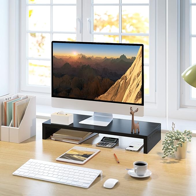 TEAMIX 20 Inch Monitor Stand Riser, Black Desktop Stand for PC/TV/Laptop/Printer, Wood Monitor Riser with Storage, Computer Stand Keyboard Organizer