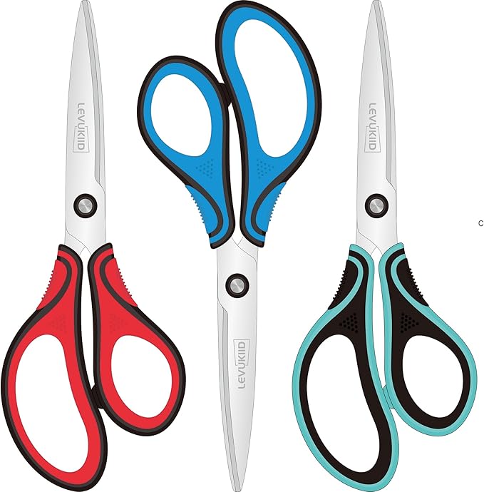 8-Inch All Purpose Scissors 3 Pack, Sharp Pointed Tip & Comfort Grip, Multipurpose Scissors for Adult, Office, Craft, Fabric, Kitchen, School Use