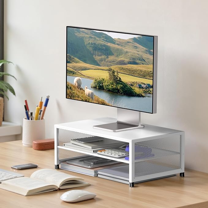 Desk Organizers and Accessories, 2-Tier Metal Computer Monitor Stand Riser, Desk Organizer for Monitor, Printer & Laptop Stand, Desktop Workspace Organizers for Office Supplies(White)