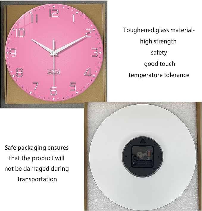XNM Decorative Wall Clocks for Living Room Girls Pink Large Wall Clocks Battery Operated 20 Inch Glass Wall Clock Silent