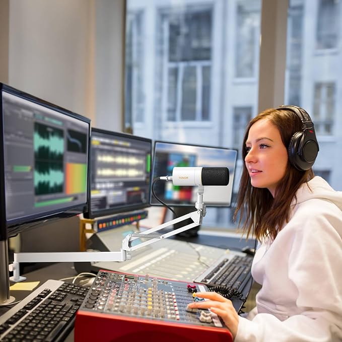 Tonor Mic Arm Desk Mount, Low Profile Boom Arm, Microphone Arm, Adjustable Mic Stand with Desk Mount Clamp, Cable Management, 3/8’’ and 5/8’’ Screwadapter for Most Microphone T20LP White