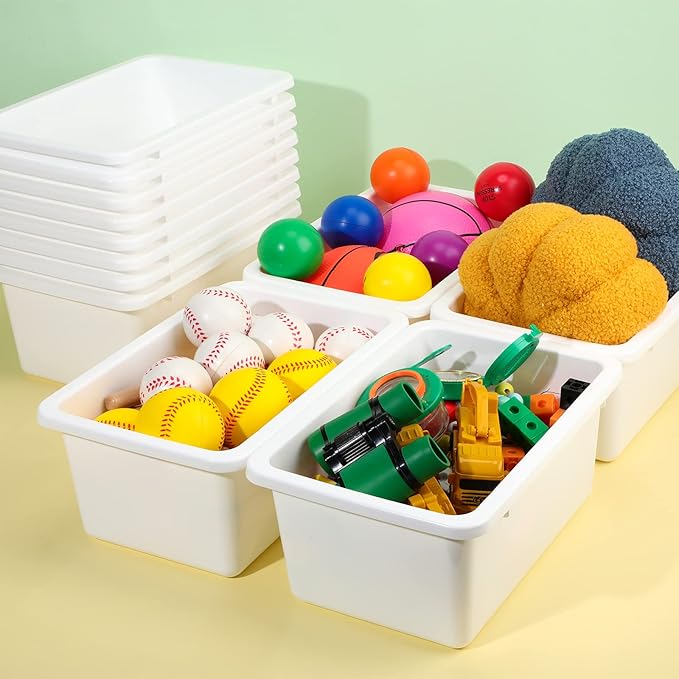 Outus 48 Pcs White Plastic Cubby Bins Bulk for Classroom Organization Small Stackable Book Bins Toy Storage Organizer Tubs Box Container with 120 Self Adhesive Label for Library School Office Home